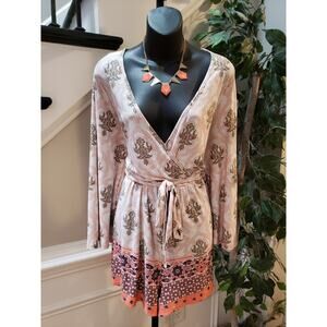 Enjoi Women’s Boho Print Wrap Romper Large Long Sleeve Deep V-Neck Belted